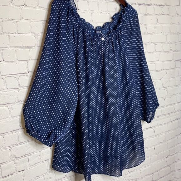 Chaps chiffon Off Shoulder Polka Dot Key Hole Blouse Top Navy 2X - Picture 3 of 9